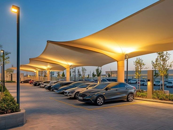 تركيب مظلات سيارات حديثة توفر حماية من أشعة الشمس والحرارة المرتفعة